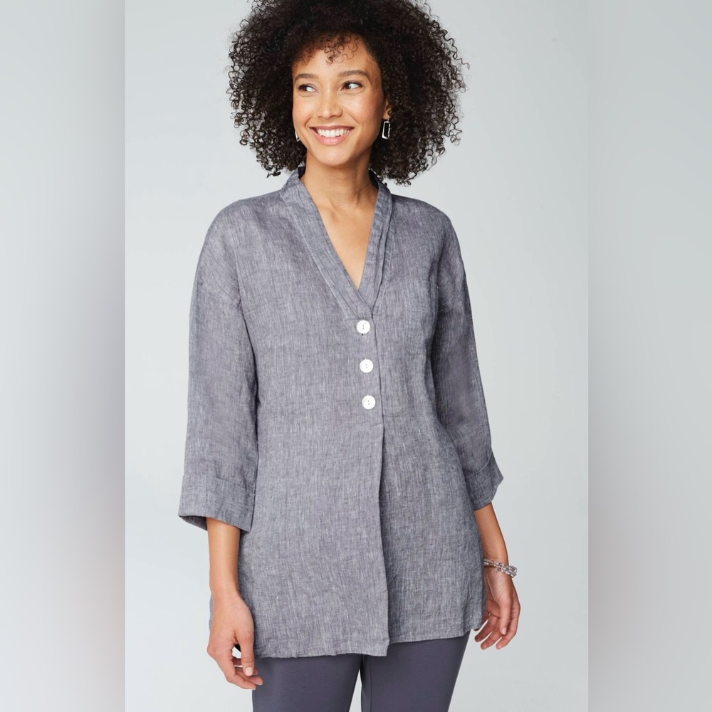 NWOT J.Jill Pure Jill Yarn-Dyed Linen Button-Front Tunic In Gray $99 MSRP